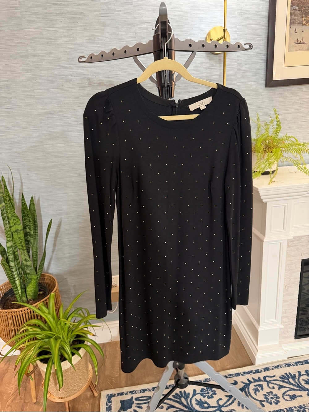 LOFT Black Long-Sleeve Shift Dress with Micro Studs